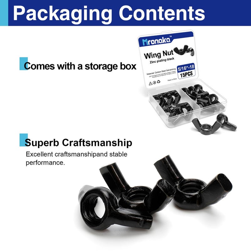 Usdrwam 15Pcs 5/16"-18 Wing Nuts Kit, Zinc Plating-Black Wing Nuts Butterfly Fasteners, Hand-Tighten Hardware Nuts Kit for Easy Assembly and Secure Fit Furniture - Image 3